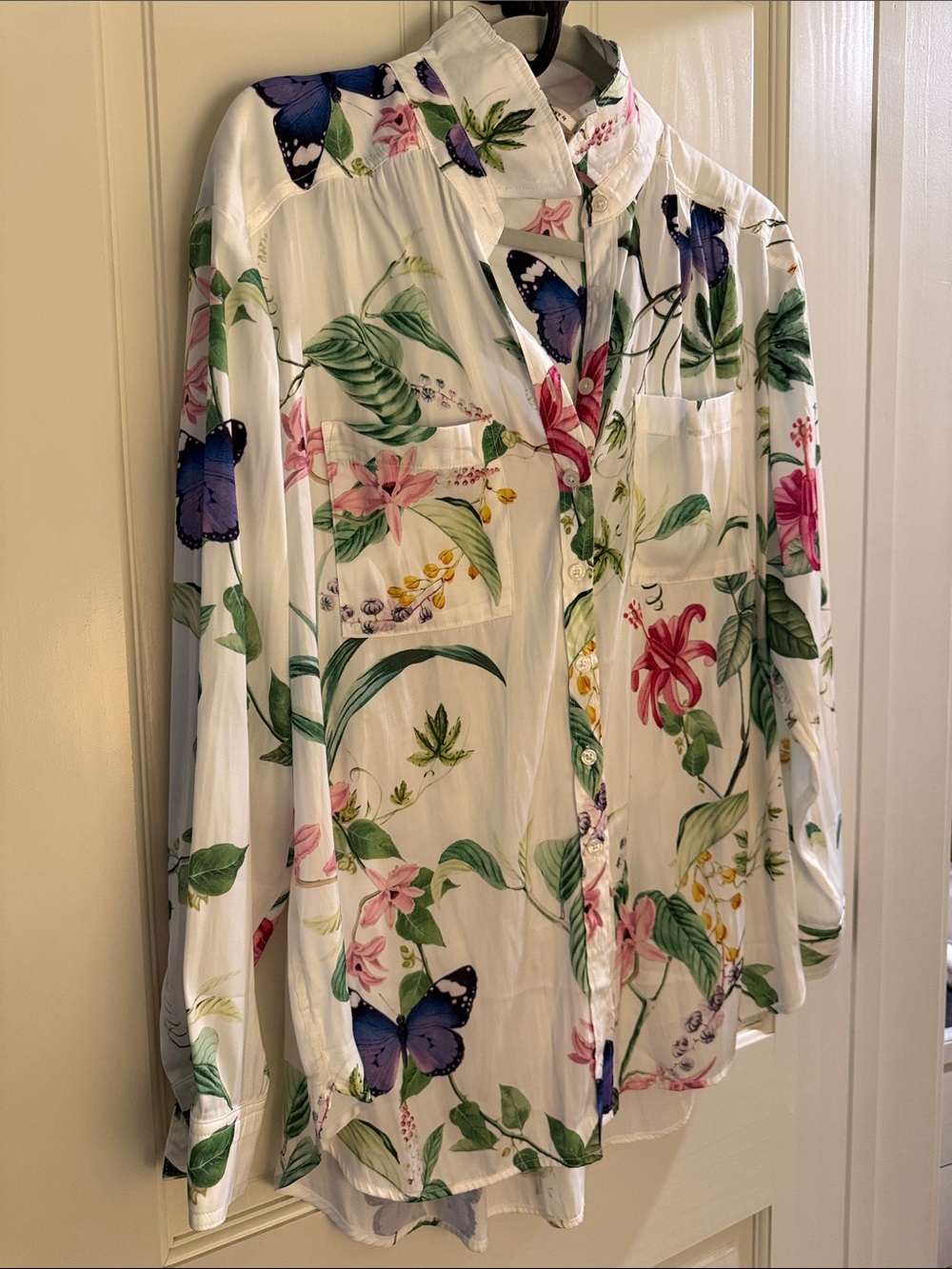 Anthropologie White Button-Up Blouse with Floral & Butterfly Print
